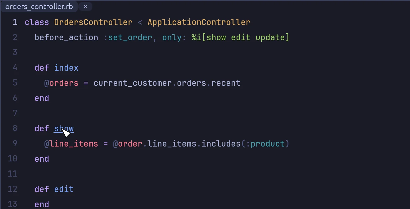 orders_controller.rb with Ctrl held over the show action.