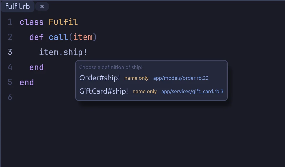 A small list titled Choose a definition of ship!, with Order#ship! and GiftCard#ship!.