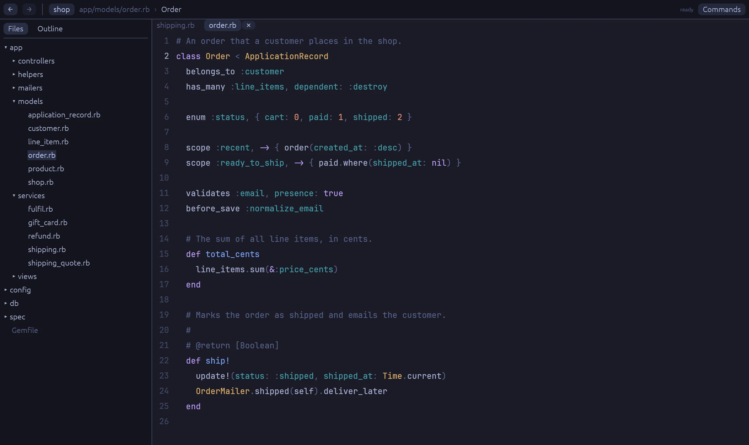 Rubyscope after the click: app/models/order.rb is open at class Order.