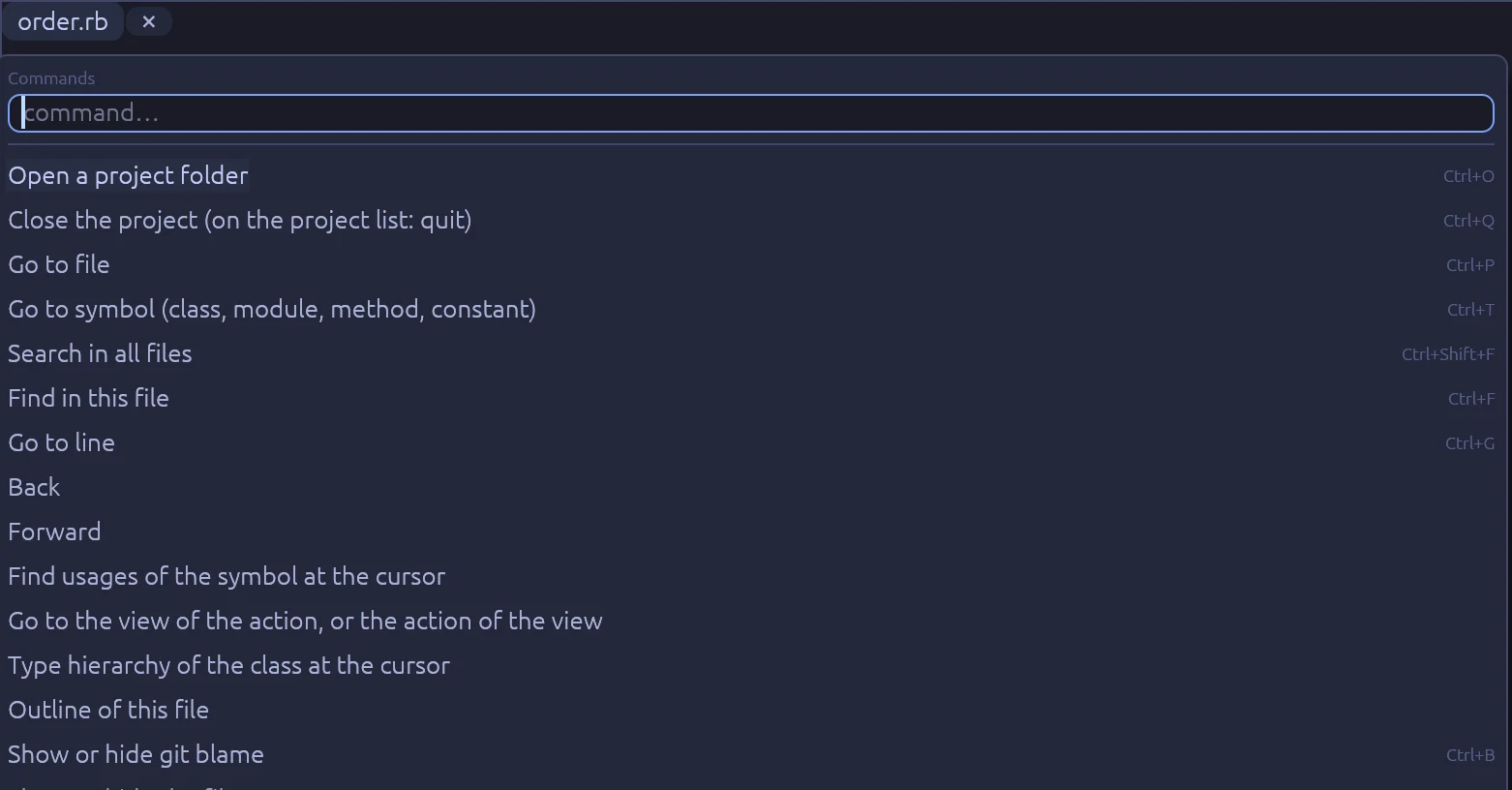 The command list with every command and its key.