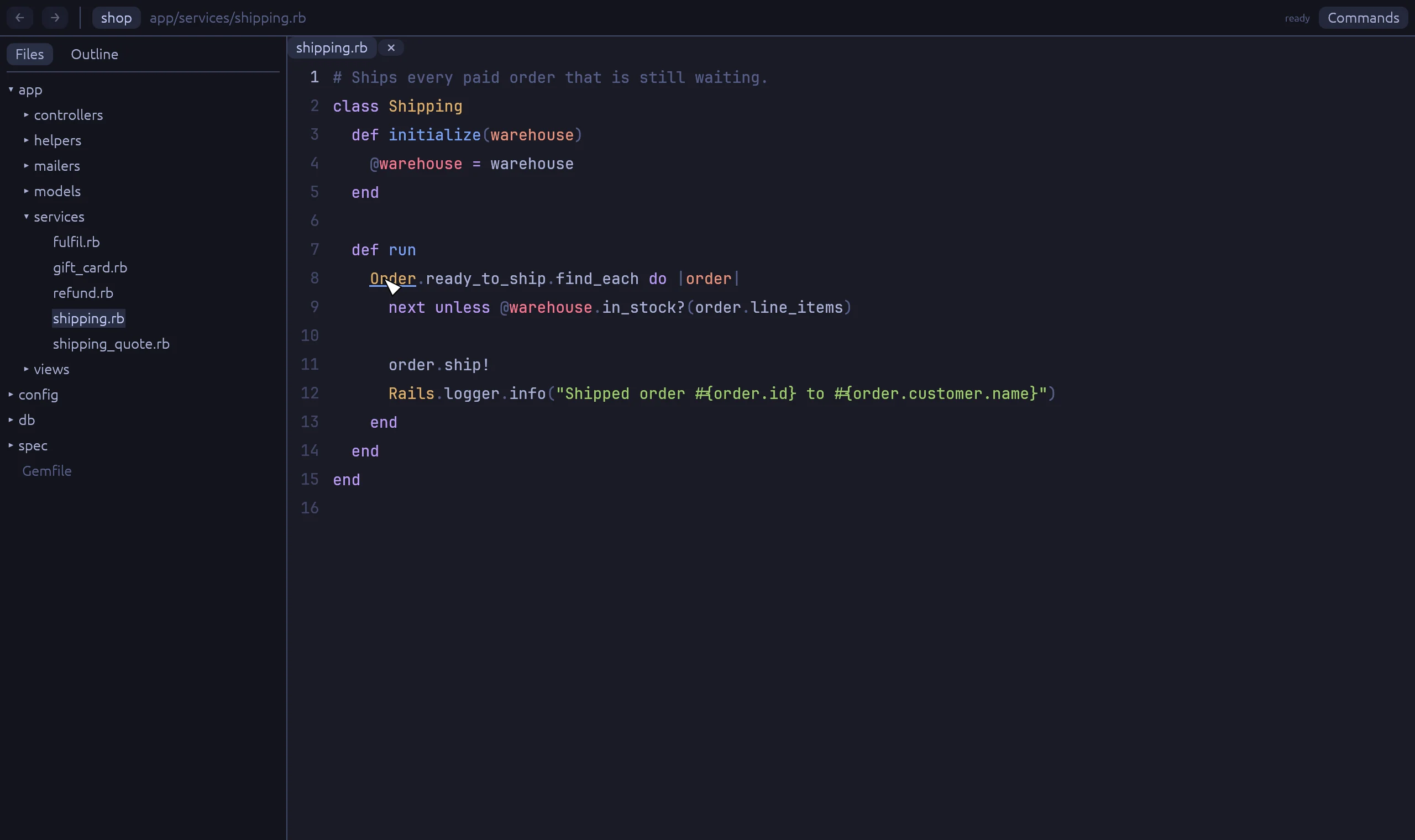 Rubyscope with app/services/shipping.rb open. Ctrl is held and the class name Order has an underline.
