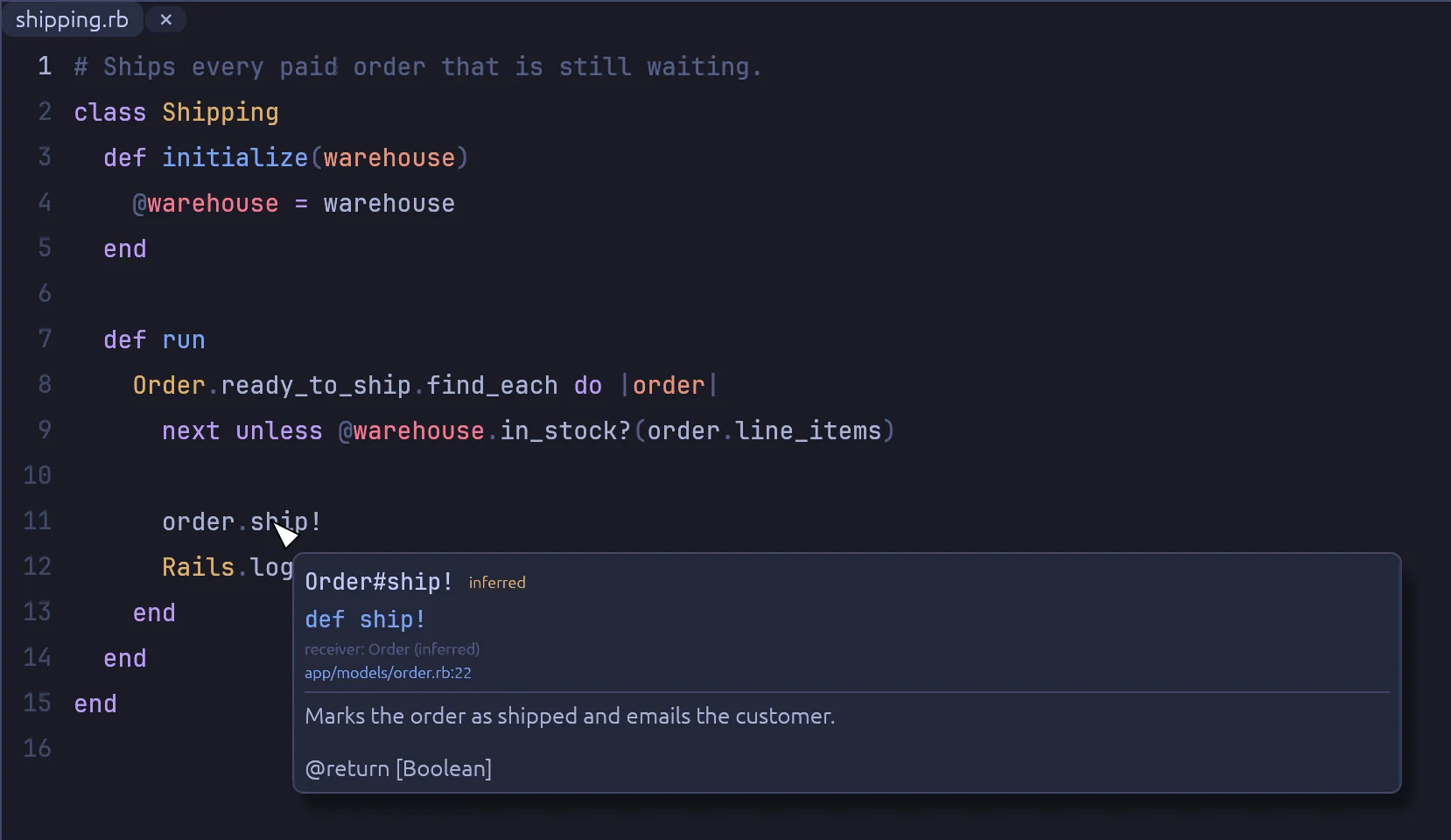 A popup over order.ship! shows Order#ship!, marked inferred, with its file and line and the comment above the method.