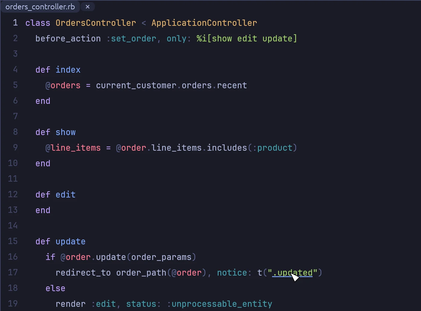 The update action, with Ctrl held over the lazy translation key .updated.