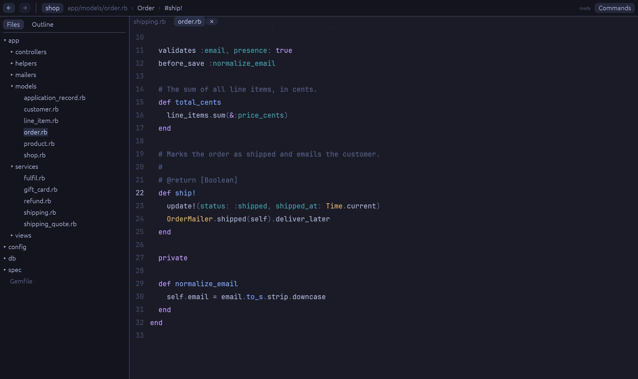 Rubyscope after the click: app/models/order.rb is open at def ship!.