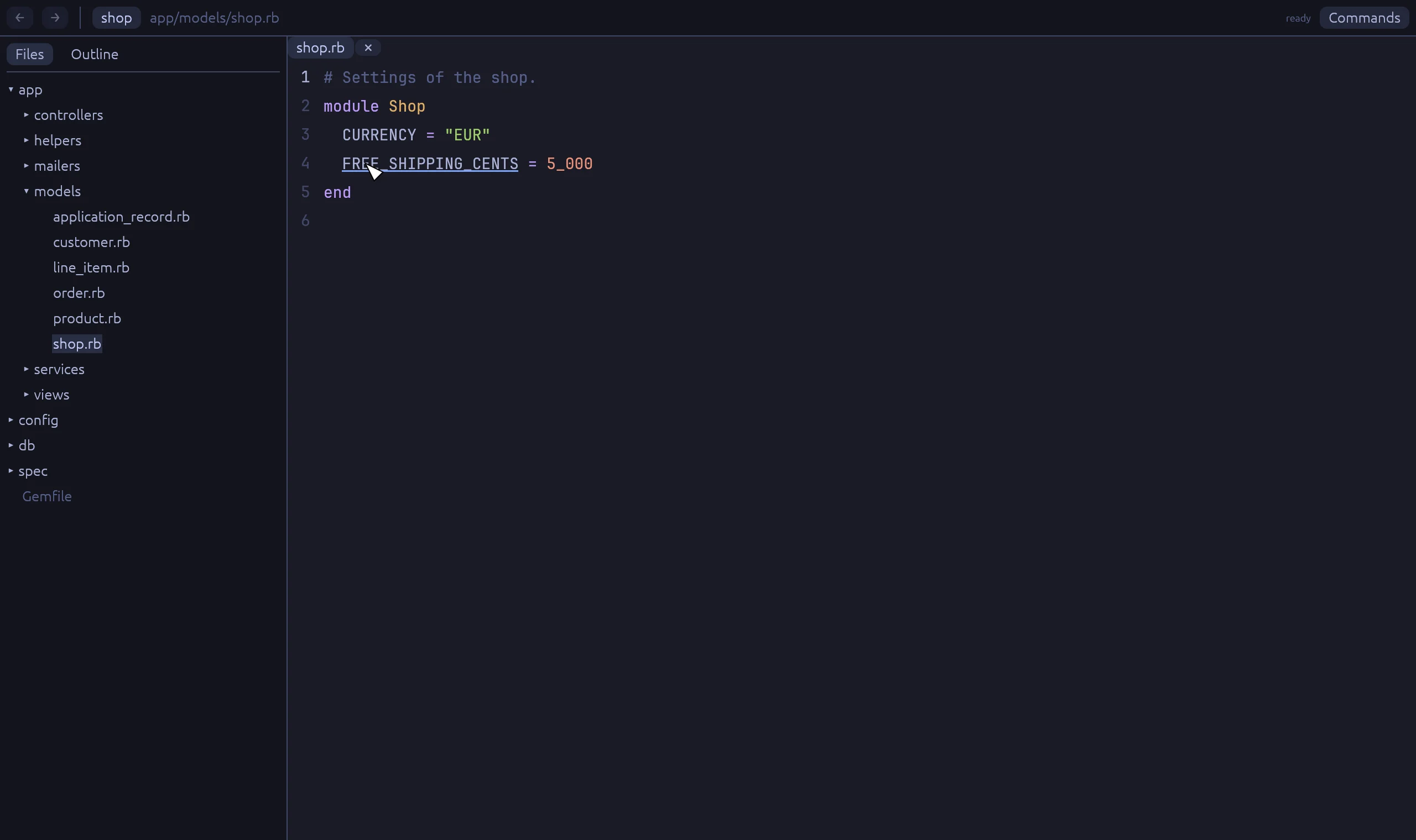 Rubyscope with app/models/shop.rb open. Ctrl is held over the constant FREE_SHIPPING_CENTS where it is defined.