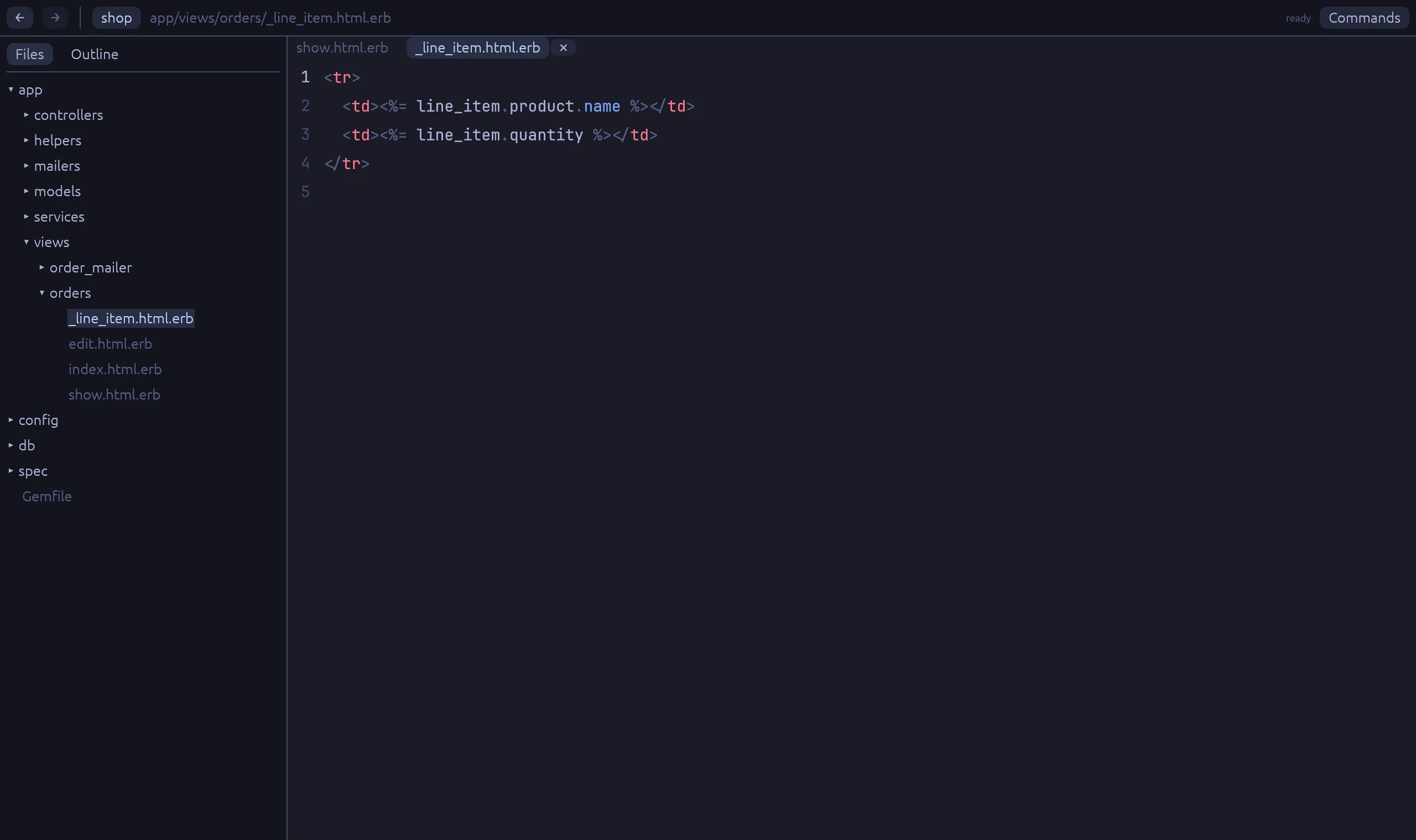 Rubyscope after the click: app/views/orders/_line_item.html.erb is open.