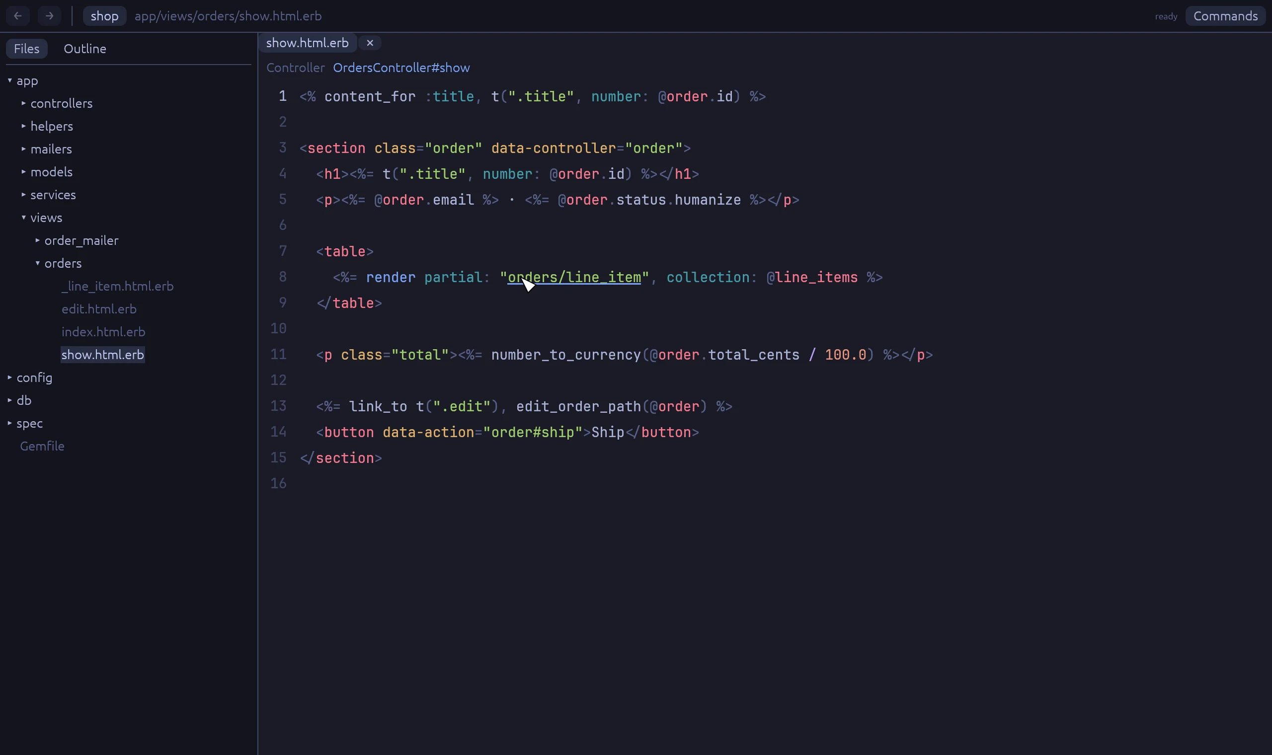 Rubyscope with app/views/orders/show.html.erb open. Ctrl is held over the partial orders/line_item.