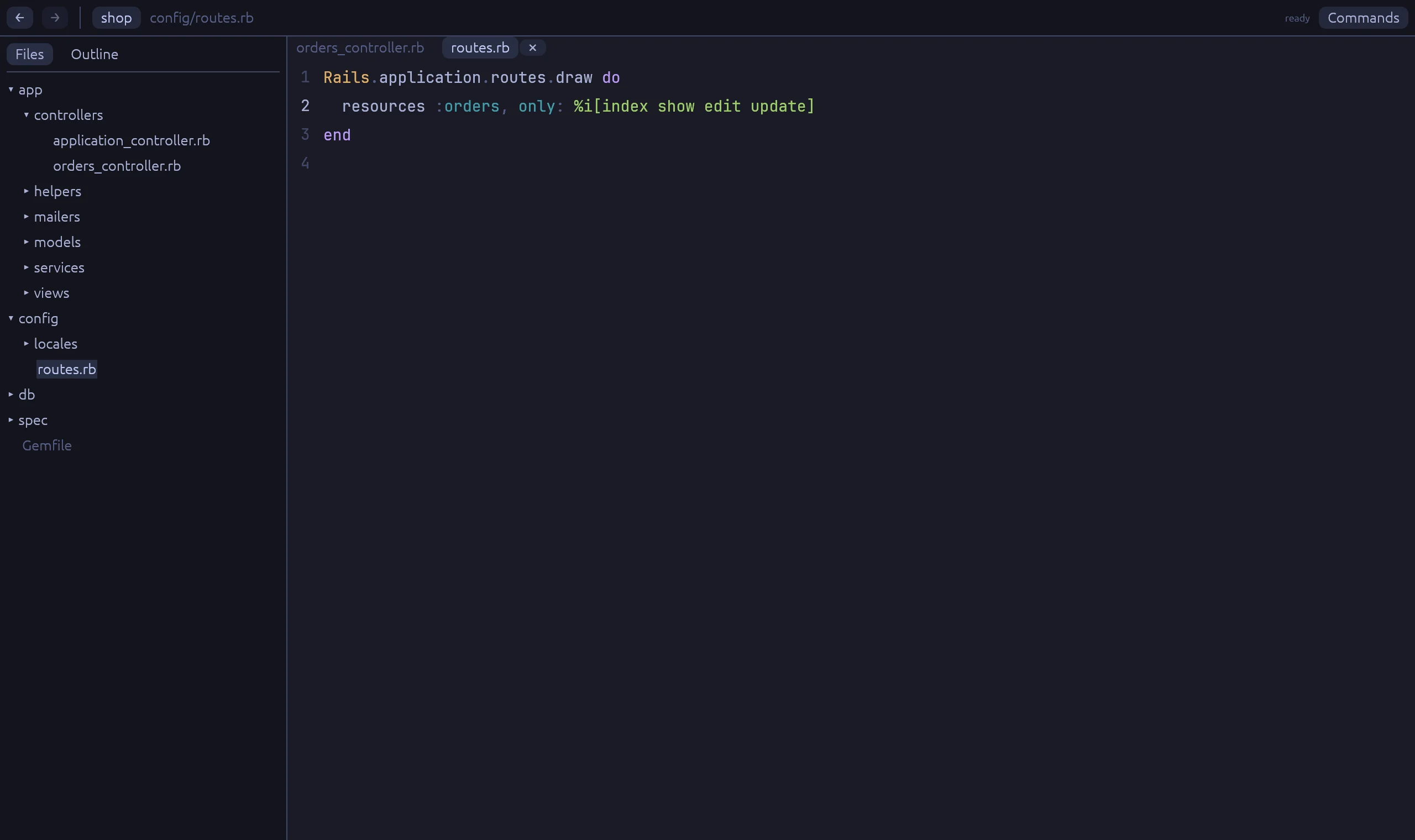 Rubyscope after the click: config/routes.rb is open at resources :orders.