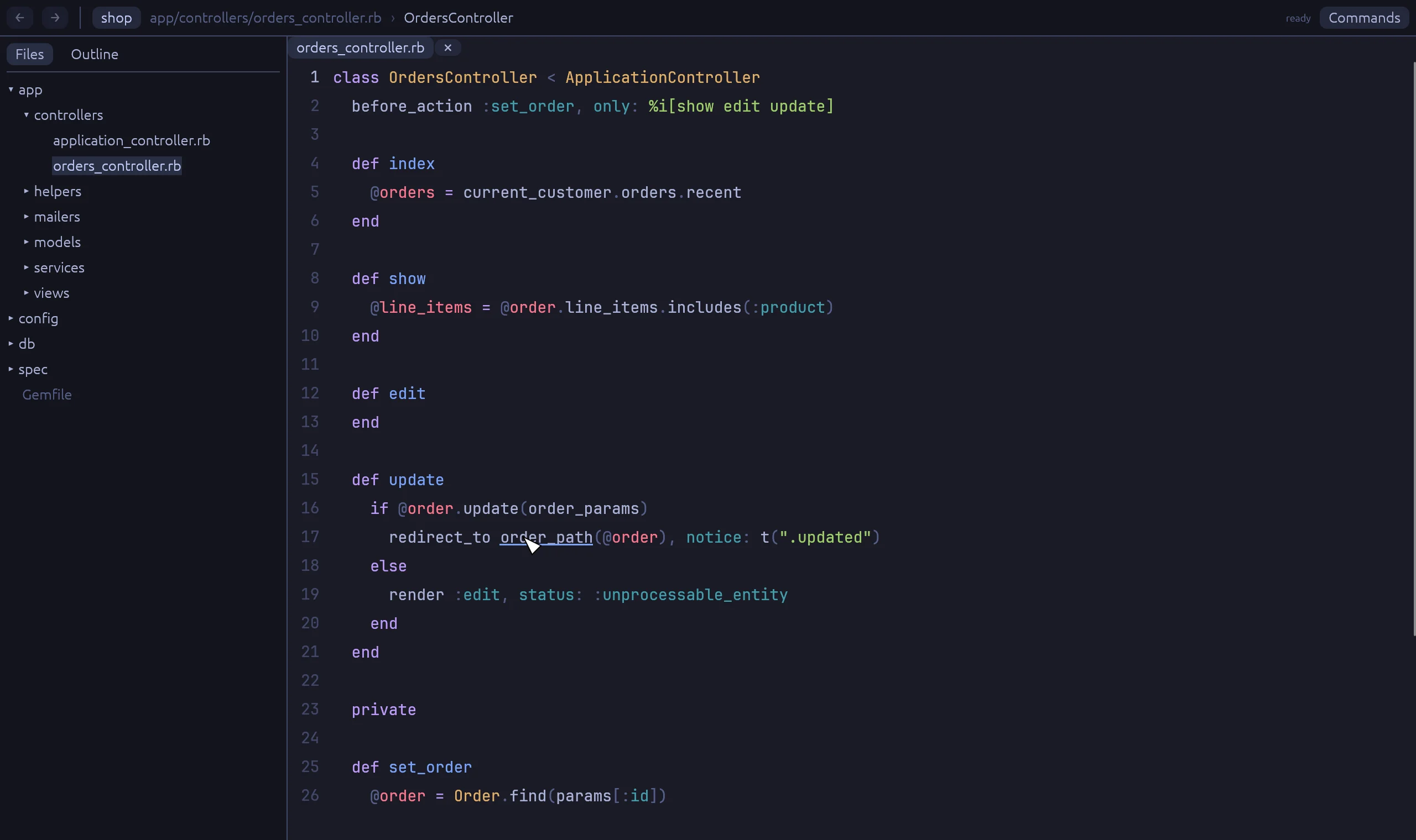 Rubyscope with the orders controller open. Ctrl is held over order_path.