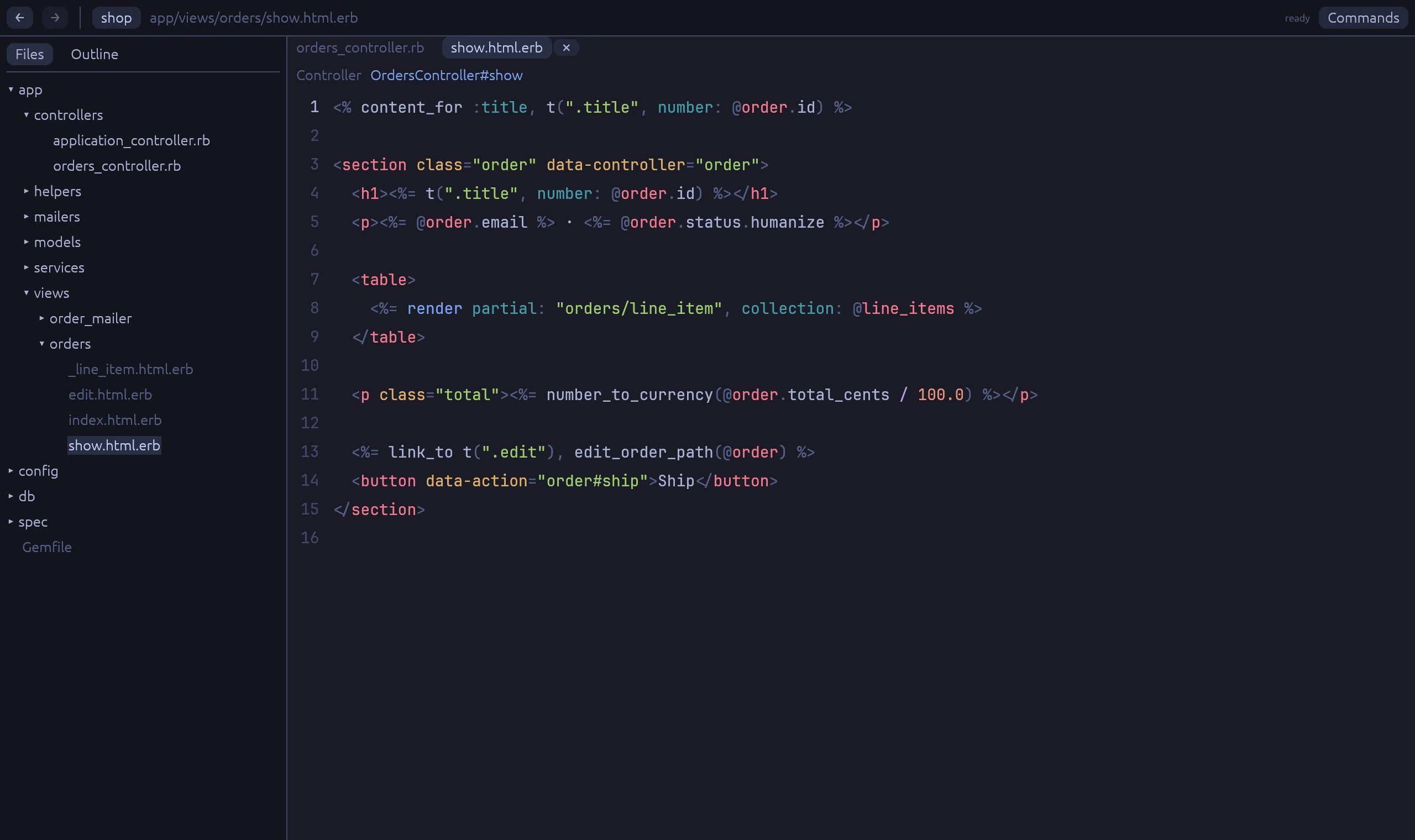 Rubyscope after the click: app/views/orders/show.html.erb is open.