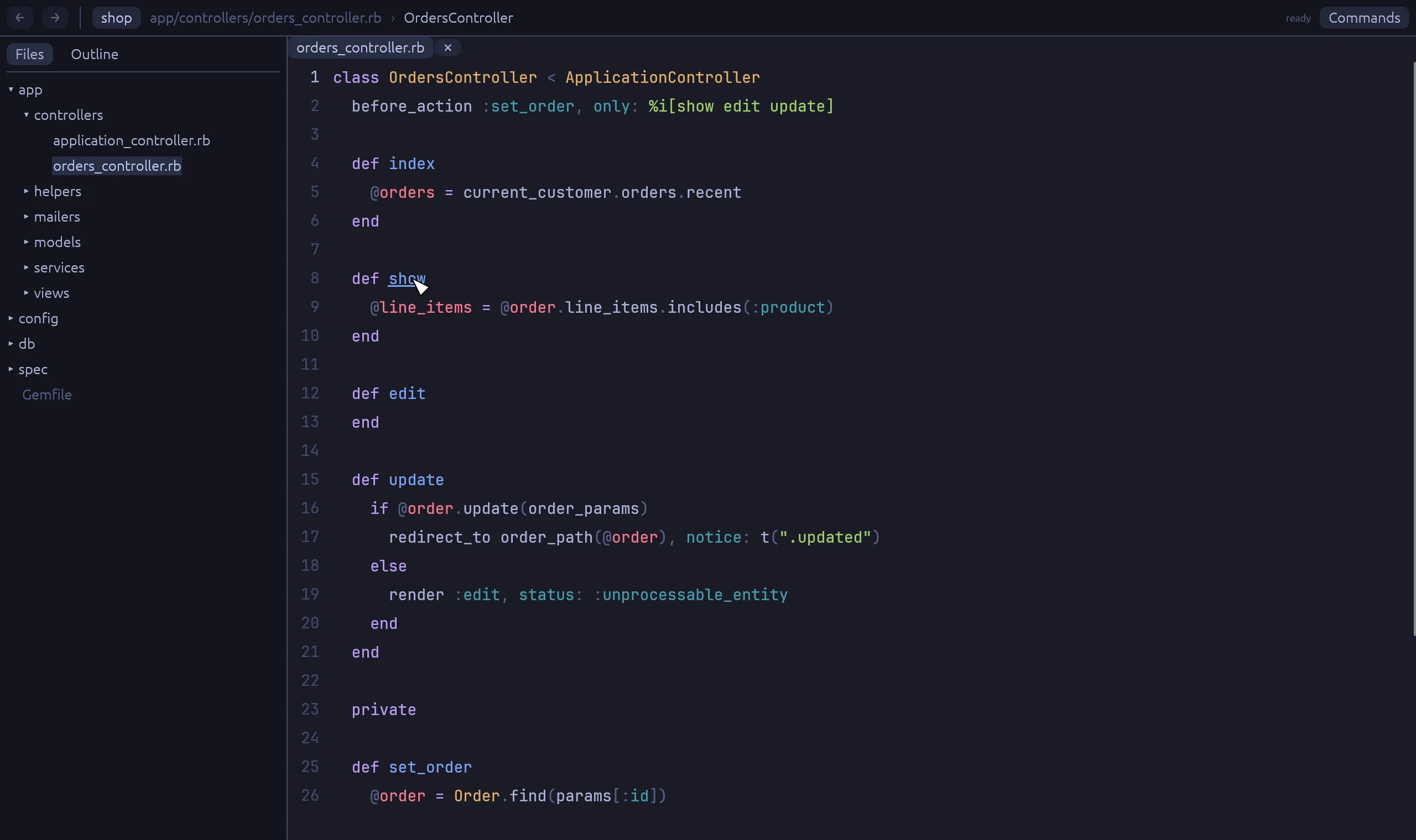 Rubyscope with the orders controller open. Ctrl is held over the show action.