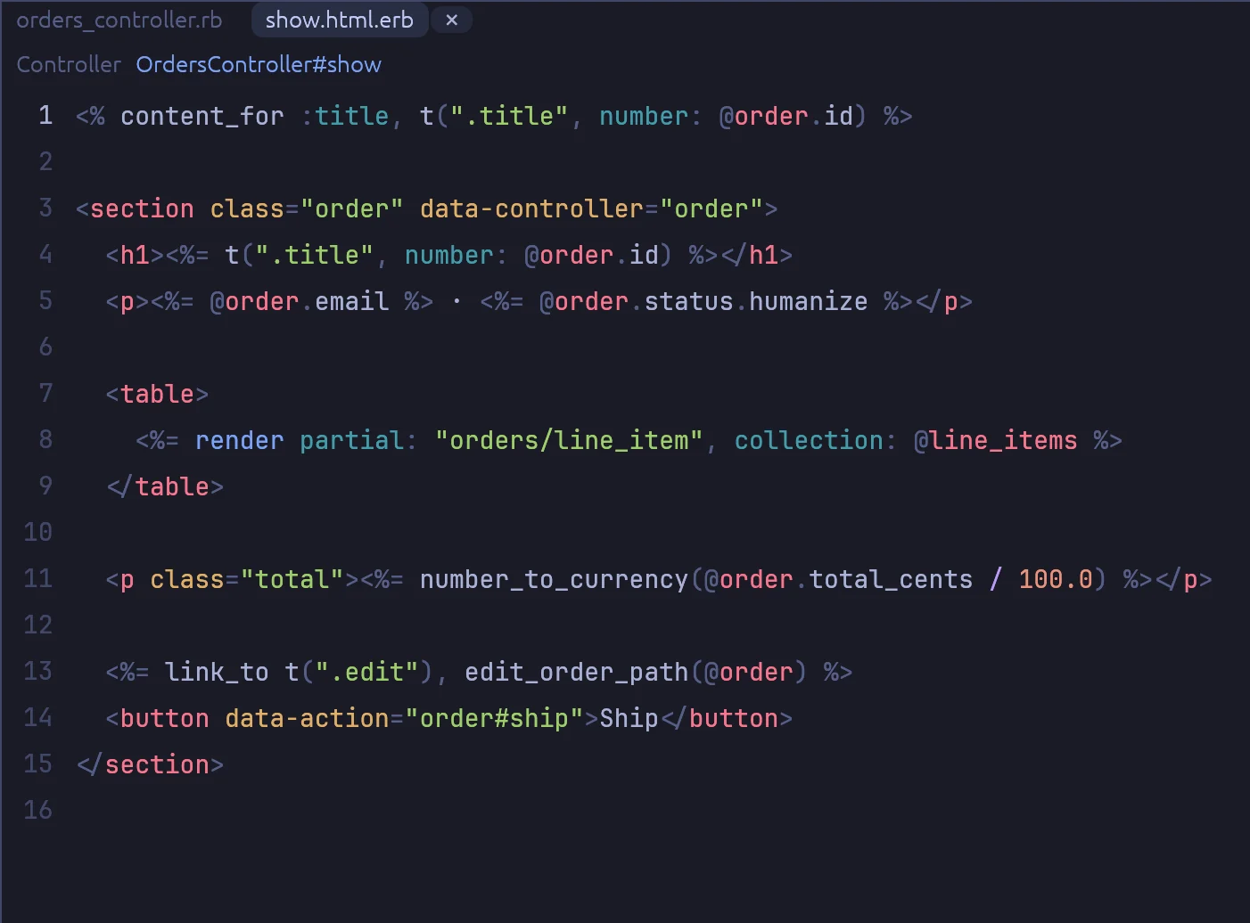 show.html.erb is open, with a bar above the code that links to OrdersController#show.