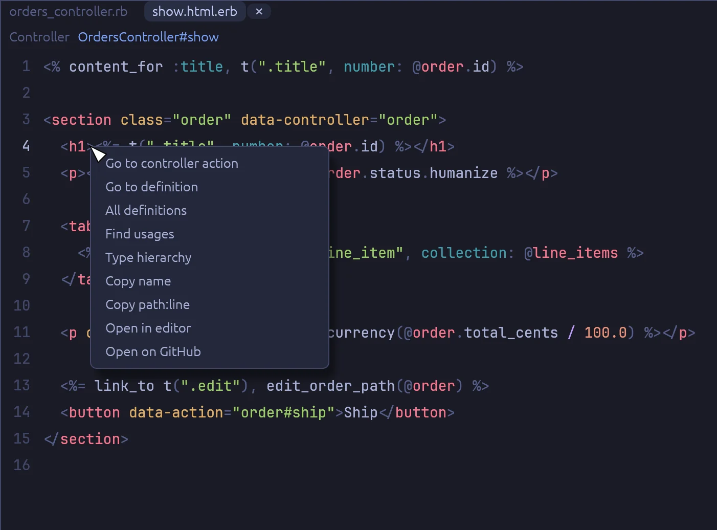 The right-click menu in a view, with Go to controller action at the top.
